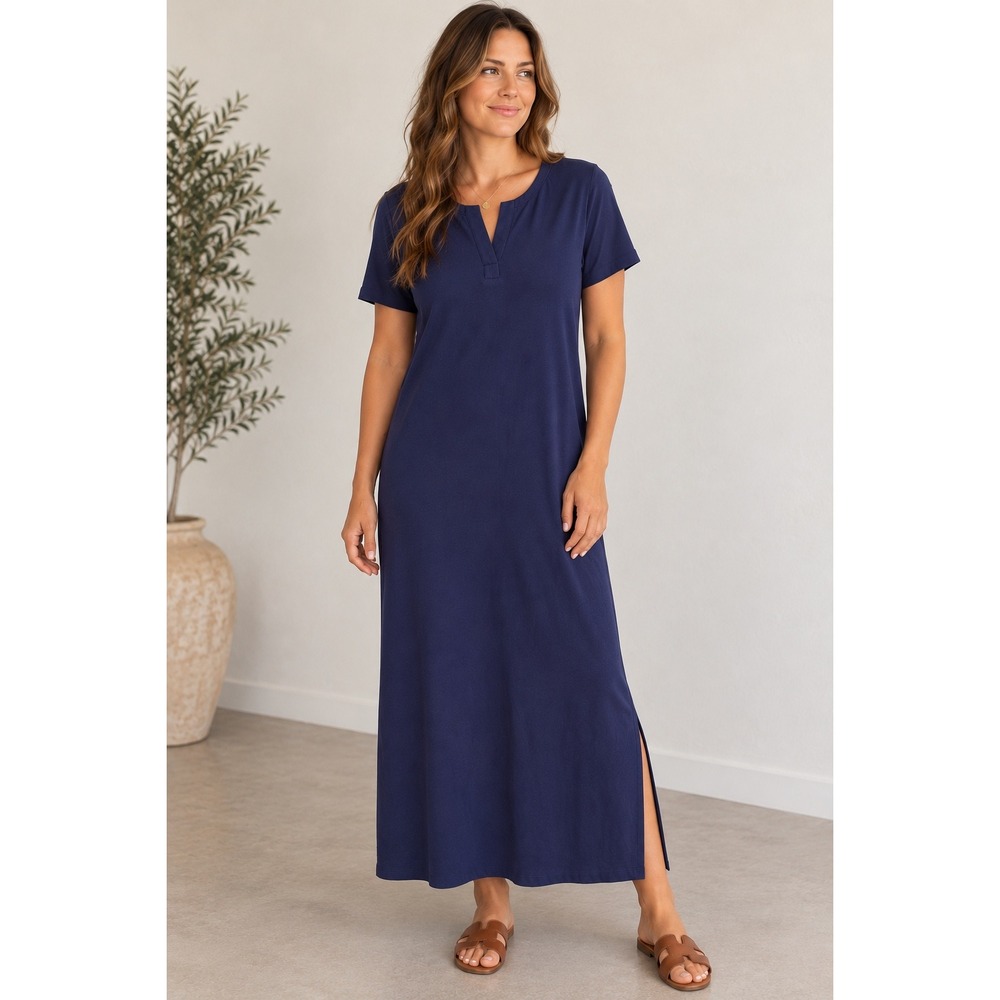 d&co Essentials Navy Blue Split Neck Short Sleeve Maxi Dress Size M L
